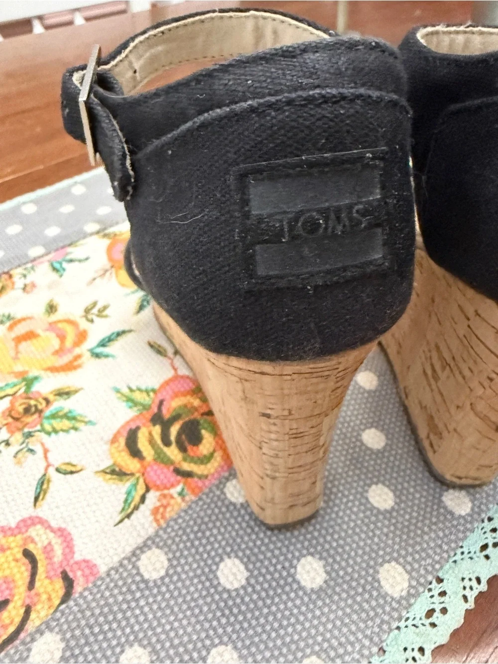 TOMS Black Cork Wedge Sandals with Ankle Strap
